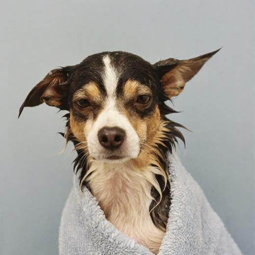 A small dog wrapped in a towel after a bath